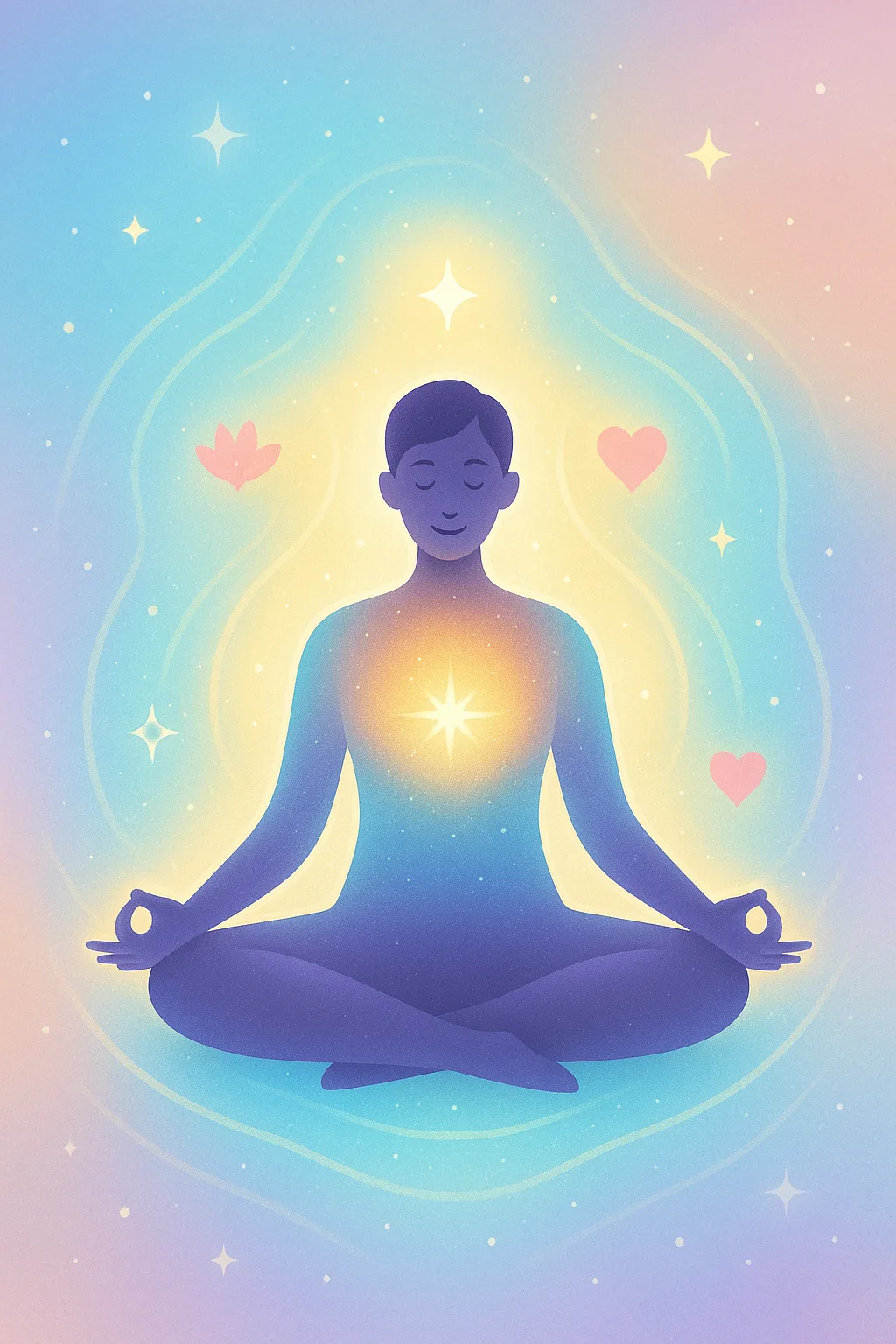 Meditation blog category illustration with person in lotus pose glowing aura